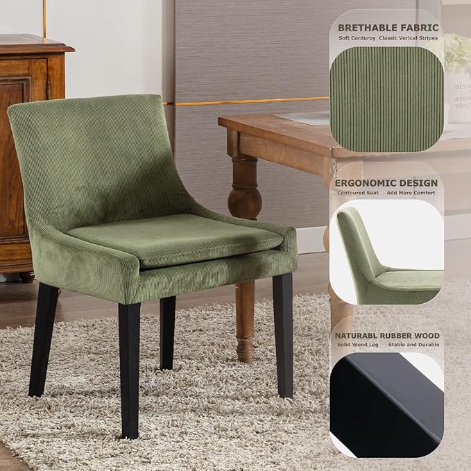 COLAMY Modern Dining Chairs Set of 4, Upholstered Corduroy Accent Side Chairs with Mid Back and Wood Legs for Living Room/Dining Room- Light Green - LeafyLoom