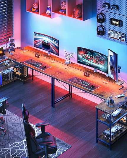 ODK 66 Inch Gaming Desk with USB Charging Ports and LED Lights, Reversible L Shaped Computer Desk with Storage Shelves & Monitor Stand, Home Office Desk Table with Power Outlets, Vintage - LeafyLoom