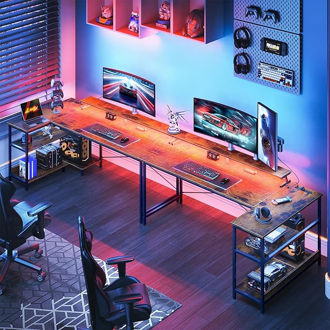 ODK 66 Inch Gaming Desk with USB Charging Ports and LED Lights, Reversible L Shaped Computer Desk with Storage Shelves & Monitor Stand, Home Office Desk Table with Power Outlets, Vintage - LeafyLoom