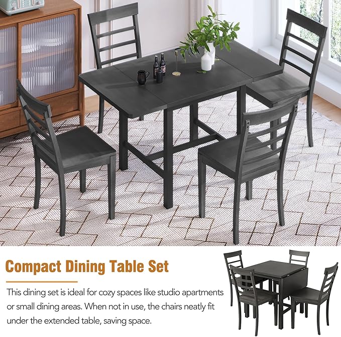 NicBex Dining Table Set for 4 Kitchen Table Set 5-Piece Wood Square Drop Leaf Breakfast Nook Extendable Dining Table Set with 4 Ladder Back Chairs for Small Places, Gray - LeafyLoom