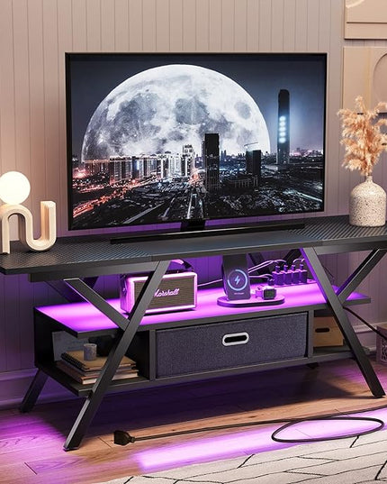 Bestier LED Entertainment Center with Power Outlets Gaming TV Stand for TV up to 65 Inch 55” TV Game Console for Living Room Bedroom Removable Drawer 20 Dynamic RGB Modes, Carbon Fiber Black - LeafyLoom