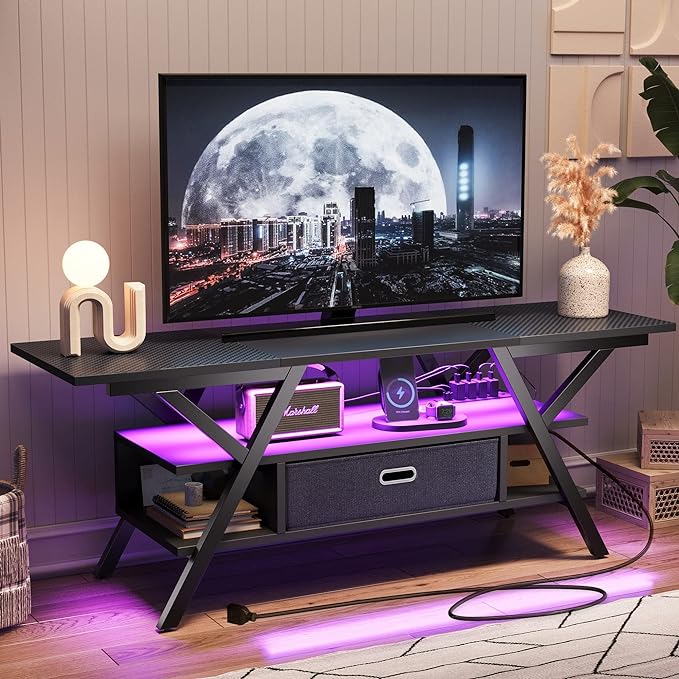 Bestier LED Entertainment Center with Power Outlets Gaming TV Stand for TV up to 65 Inch 55” TV Game Console for Living Room Bedroom Removable Drawer 20 Dynamic RGB Modes, Carbon Fiber Black - LeafyLoom