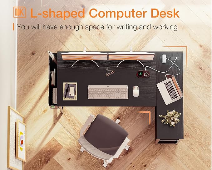 ODK 48 Inch Small L Shaped Gaming Computer Desk with Power Outlets, Reversible Storage Shelves & PC Stand for Home Office, Simple Writing Study Table with Storage Bag for Small Space, Black - LeafyLoom