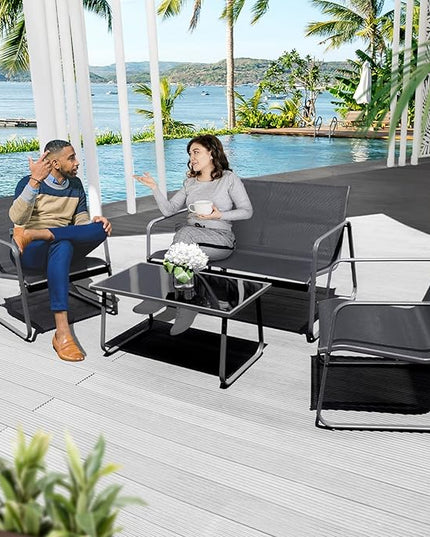 4 Pieces Patio Furniture Set Outdoor Patio Conversation Sets Poolside Lawn Chairs with Glass Coffee Table Porch Furniture for Courtyard, Garden and Balcony (Black) - LeafyLoom