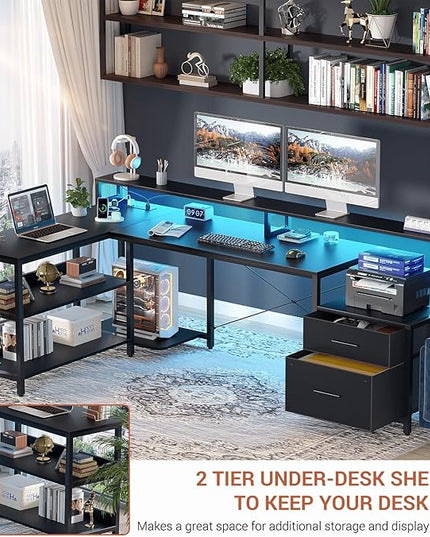 Aheaplus L Shaped Desk with File Drawer, 72.8" Reversible L Shaped Computer Desk with Power Outlet & LED Strip, Gaming Desk with Long Monitor Stand, Office Desk Corner Desk with Storage Shelf, Black - LeafyLoom