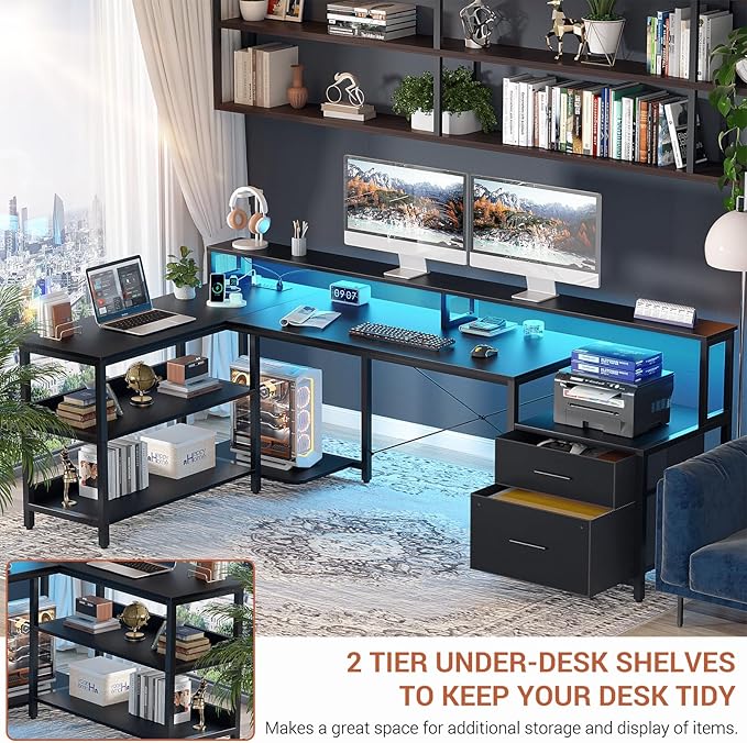 Aheaplus L Shaped Desk with File Drawer, 72.8" Reversible L Shaped Computer Desk with Power Outlet & LED Strip, Gaming Desk with Long Monitor Stand, Office Desk Corner Desk with Storage Shelf, Black - LeafyLoom