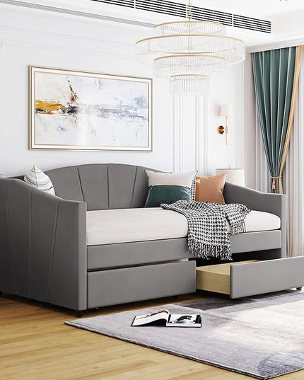 Twin Size Upholstered Daybed with Two Drawers, Wood Slat Support Sofa Bed with Armrest, No Box Spring Needed, Easy to Assemble, for Studio, Bedroom, Living, Guest Room, Gray - LeafyLoom