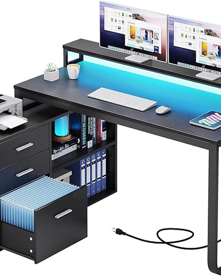 YITAHOME L Shaped Desk with Power Outlets & LED Lights & File Cabinet, 55" Corner Computer Desk with 3 Drawers and 2 Storage Shelves, Home Office Desk with Monitor Stand, Black - LeafyLoom