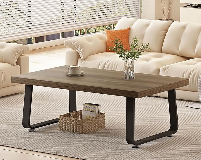 HSH Wood Coffee Table, Farmhouse Minimalist Center Table, Industrial Wooden and Metal Legs Living Room Table, Modern Simple Rectangular Cocktail Tea Table for Bedroom Home Office, Rustic Oak, 47 Inch - LeafyLoom