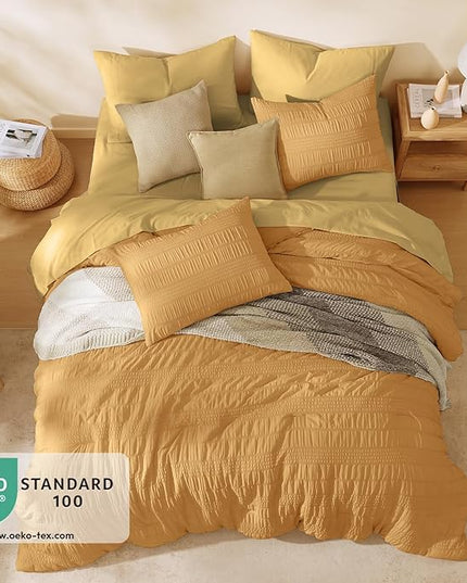 CASAAGUSTO Queen Comforter Set, 7 Pieces Mustard Yellow Seersucker Bed in a Bag Queen Size Soft All Seasons, Bedding Sets with Comforter, Flat Sheet, Fitted Sheet, 2 Pillow Shams, 2 Pillowcases - LeafyLoom