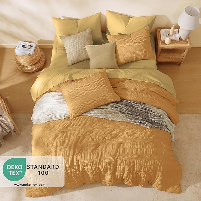 CASAAGUSTO Queen Comforter Set, 7 Pieces Mustard Yellow Seersucker Bed in a Bag Queen Size Soft All Seasons, Bedding Sets with Comforter, Flat Sheet, Fitted Sheet, 2 Pillow Shams, 2 Pillowcases - LeafyLoom