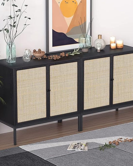 XIAO WEI Sideboard with Handmade Natural Rattan Doors, Rattan Cabinet Console Table Storage Cabinet Buffet Cabinet, for Kitchen, Living Room, Hallway, Entryway, Black - LeafyLoom