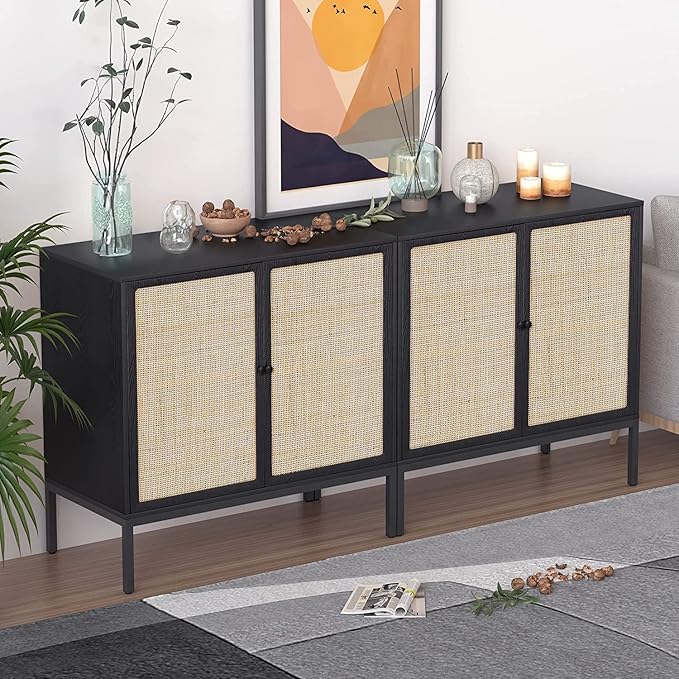 XIAO WEI Sideboard with Handmade Natural Rattan Doors, Rattan Cabinet Console Table Storage Cabinet Buffet Cabinet, for Kitchen, Living Room, Hallway, Entryway, Black - LeafyLoom