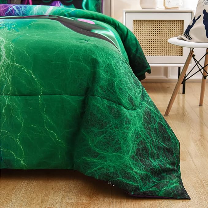 Meeting Story Gamer Gaming Bedding Sets Red Blue Lightnings Gamepad Comforter Set for Boys Games Console Action Buttons Novelty Colorful Modern Room Decor Home Quilt Set (Green-Purple, Full) - LeafyLoom