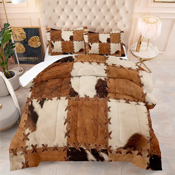 Tailor Shop Brown Cow Print Comforter Set King, Farmhouse Cow Print Bedding in A Bag, Leather Stitching Rustic Cowhide Comforter with 2 Matching Pillowcases Bedroom Decor…… - LeafyLoom