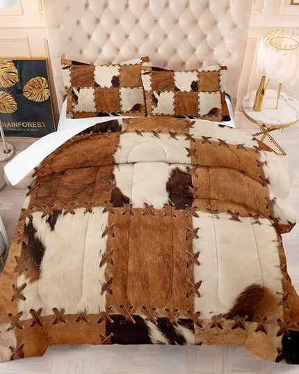 Tailor Shop Brown Cow Print Comforter Set Queen, Farmhouse Cow Print Bedding in A Bag, Leather Stitching Rustic Cowhide Comforter with 2 Matching Pillowcases Bedroom Decor……… - LeafyLoom