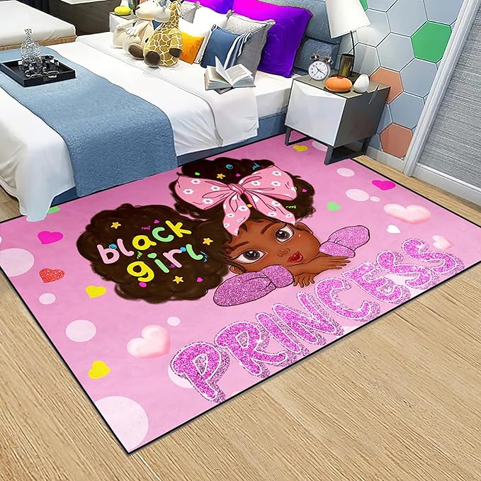 Black Girl Area Rug for Bedroom African American Rugs for Girls Room Princess Rug Kids Rugs for Bedroom Girls African American Girls Carpet for Living Room Teen Girls Yoga Mats, Pink, 4'×5' - LeafyLoom