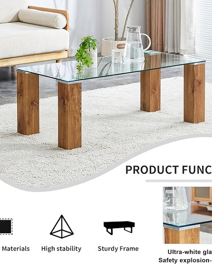 44" Modern Wood and Glass Top Coffee Table Rectangle Tea Table with Wood Leg for Living Room - LeafyLoom
