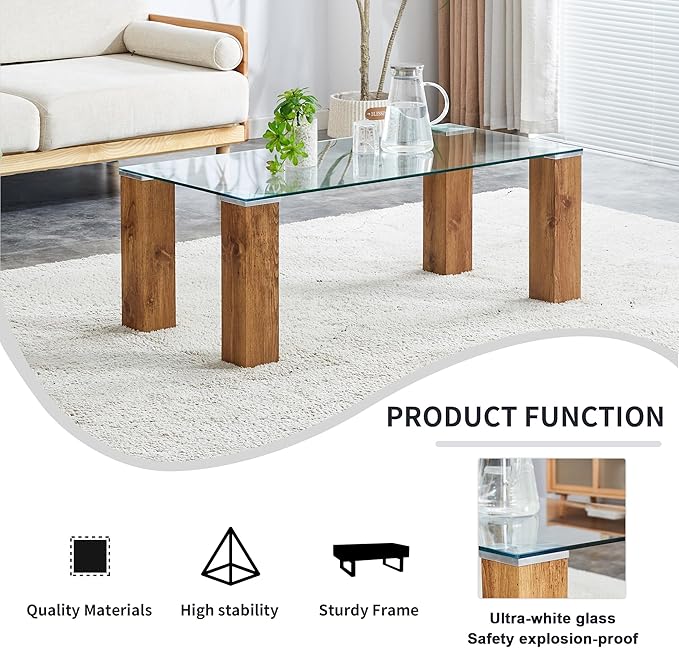 44" Modern Wood and Glass Top Coffee Table Rectangle Tea Table with Wood Leg for Living Room - LeafyLoom