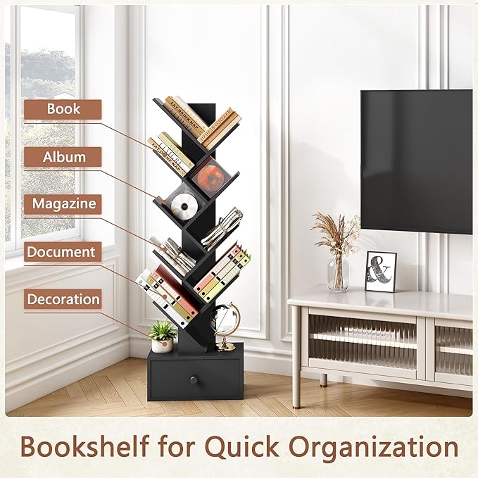 9 Tier Tree Bookshelf, Tree Bookcase with Drawer, Floor Standing Tall Wood Bookshelves, Modern Book Organizer for Living Room, Bedroom, Home Office, Black - LeafyLoom