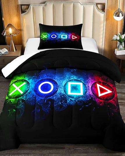 Gamer Comforter Sets for Boys, Twin Gaming Bedding Sets for Boys, Black Video Game Gamepad Twin Bed Sets for Boys Kids Bedroom Home Decor, 1 Comforter and 1 Pillowcase - LeafyLoom