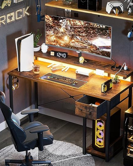 AODK Gaming Desk with LED Lights & Power Outlet, 48 Inch Computer Desk with Drawer, Reversible Desk with Adjustable Monitor Shelf & Headphone Hook for Home Office, Rustic Brown - LeafyLoom