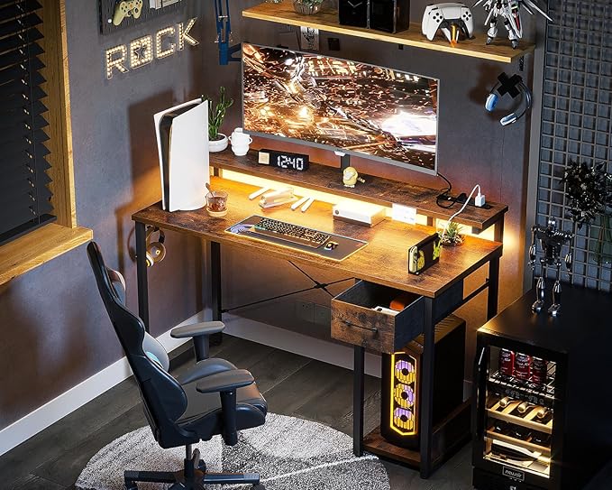 AODK Gaming Desk with LED Lights & Power Outlet, 48 Inch Computer Desk with Drawer, Reversible Desk with Adjustable Monitor Shelf & Headphone Hook for Home Office, Rustic Brown - LeafyLoom