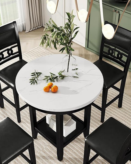 5-Piece Retro Counter Height Round Dining Table Set with Faux Marble Veneer and Bottom Shelf, 4 PU Leather Upholstered Chairs, for Kitchen, Breakfast Nook, Bar, Living Room, Dark Espresso - LeafyLoom