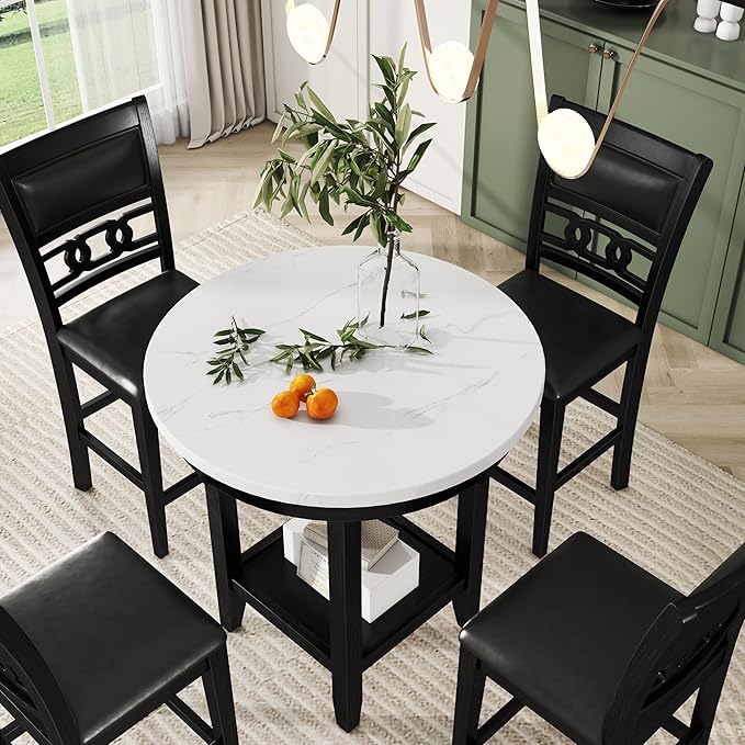 5-Piece Retro Counter Height Round Dining Table Set with Faux Marble Veneer and Bottom Shelf, 4 PU Leather Upholstered Chairs, for Kitchen, Breakfast Nook, Bar, Living Room, Dark Espresso - LeafyLoom