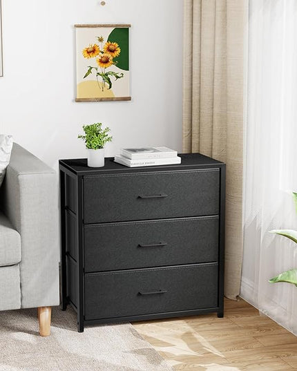 Nightstand with 3 Drawers for Bedroom, Storage Dresser with Fabric Drawers and Metal Frame for Closet, Living Room, Bedside Table with Wood Top, Easy Pull Handle, Black - LeafyLoom