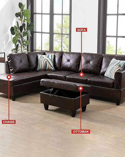 3-Piece L-Shaped Sectional Couches Lounge & Storage, 97'' Modular Living Room Home Office, 3pcs 97'' Sofa+66.5'' Chaise+28.5'' Ottoman(Left), Brown Faux Leather - LeafyLoom