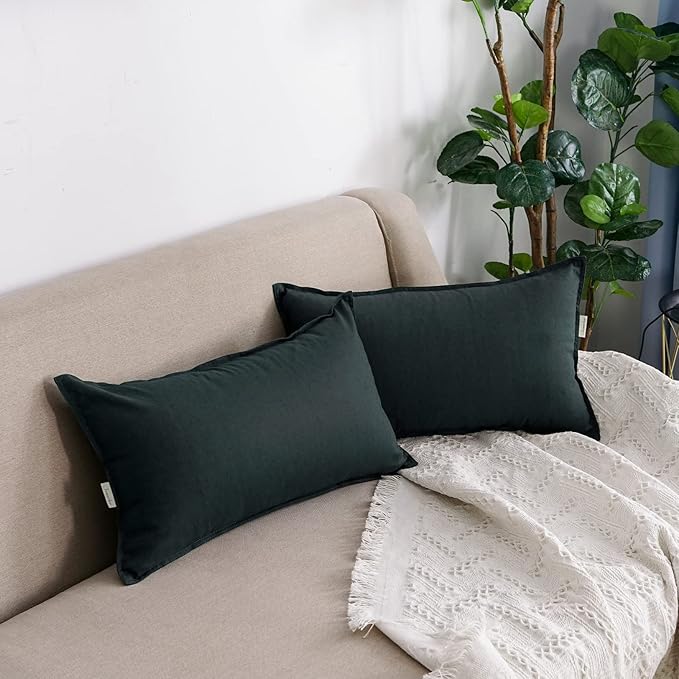 Jeanerlor Natural Cotton Linen Green Decorative 12"x20" Throw Pillow Case Cushion Cover with Twin Needles Stitch on Edge for Lumbar, (30 x 50cm), 2 Pcs, Dark Green - LeafyLoom