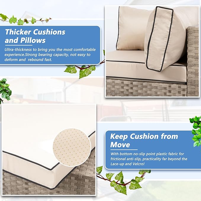 Shintenchi 7 Pieces Outdoor Patio Sectional Sofa Couch,Natural PE Wicker Furniture Conversation Sets with Washable Cushions & Glass Coffee Table for Garden, Poolside, Backyard (Khaki) - LeafyLoom