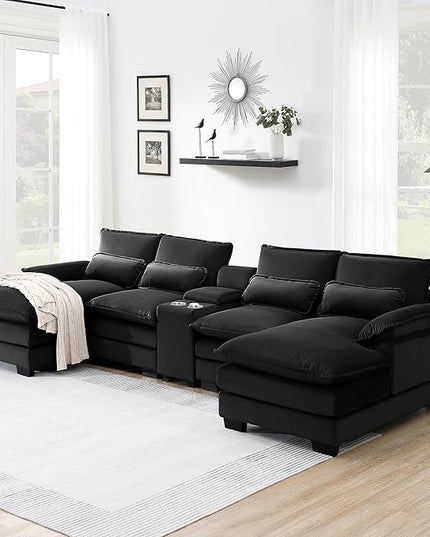 U Shaped Symmetrical Modular Sectional Sofa Cloud Couch with Double Chaise Lounge and Center Console,Cupholders and USB Ports, Deep Seat Upholstered Sleeper Corner Sofa&Couches for Living Room - LeafyLoom