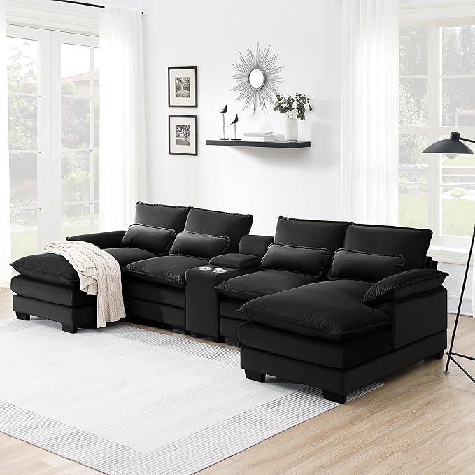 U Shaped Symmetrical Modular Sectional Sofa Cloud Couch with Double Chaise Lounge and Center Console,Cupholders and USB Ports, Deep Seat Upholstered Sleeper Corner Sofa&Couches for Living Room - LeafyLoom