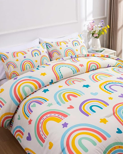 Btargot 3 Piece Kids Rainbow Comforter Set with 2 Pillow Covers, Cartoon Love Hearts Suns and Stars Bedding Set for Girls Boys Kids, Twin Beige - LeafyLoom