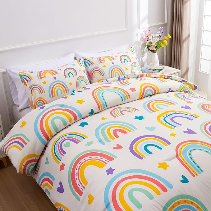 Btargot 3 Piece Kids Rainbow Comforter Set with 2 Pillow Covers, Cartoon Love Hearts Suns and Stars Bedding Set for Girls Boys Kids, Twin Beige - LeafyLoom