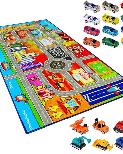 Booooom Jackson Kids Carpet Playmat Rug with 18 Toy Cars Kids Rug for Age 3+ Colorful Non Slip City Rug for Kids Track Rug Play Mat Playroom Bedroom Classroom Nursery Rug - LeafyLoom