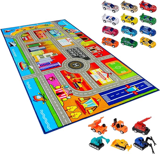 Booooom Jackson Kids Carpet Playmat Rug with 18 Toy Cars Kids Rug for Age 3+ Colorful Non Slip City Rug for Kids Track Rug Play Mat Playroom Bedroom Classroom Nursery Rug - LeafyLoom