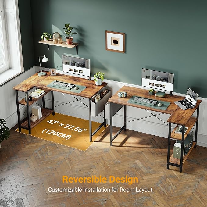 CubiCubi 47 Inch Small L Shaped Computer Desk with Storage Shelves Home Office Corner Desk Study Writing Table, Deep Brown - LeafyLoom