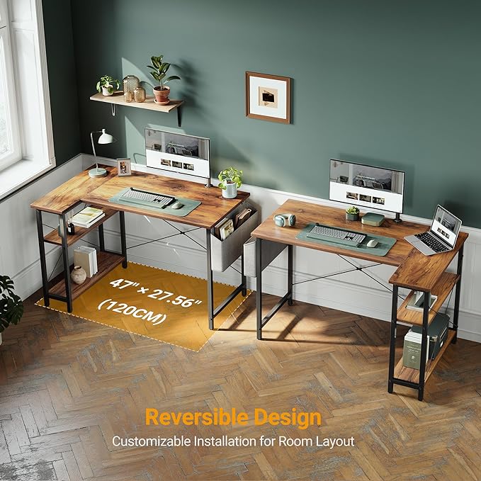 BANTI L Shaped Small Computer Desk with Storage Shelves, 40" Home Office Small Corner Desk Study Writing Table, Deep Brown - LeafyLoom