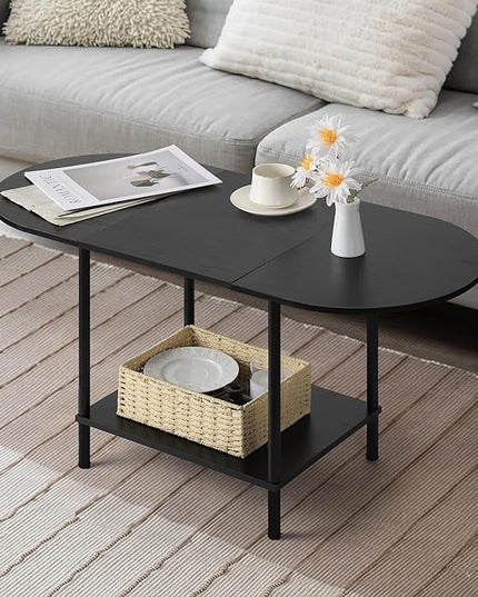 Coffee Tables for Living Room,2-Tier Small Coffee Table Industrial Modern Black Coffee Table with Storage Shelf and Wood Tabletop for Small Space,Home Office - LeafyLoom