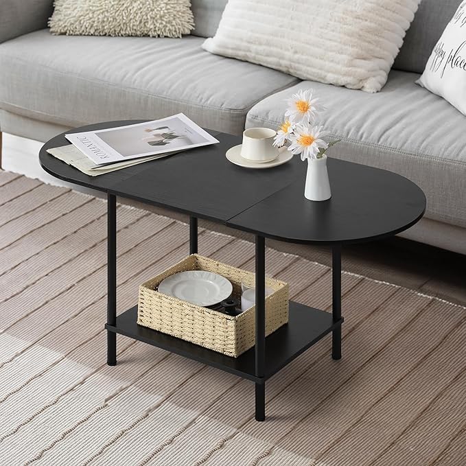 Coffee Tables for Living Room,2-Tier Small Coffee Table Industrial Modern Black Coffee Table with Storage Shelf and Wood Tabletop for Small Space,Home Office - LeafyLoom