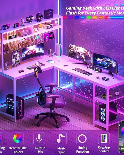 L Shaped Desk with Hutch & Pegboard - Reversible 67" L Shaped Gaming Desk with LED Lights, Corner Computer Desk with Storage Shelves, White - LeafyLoom