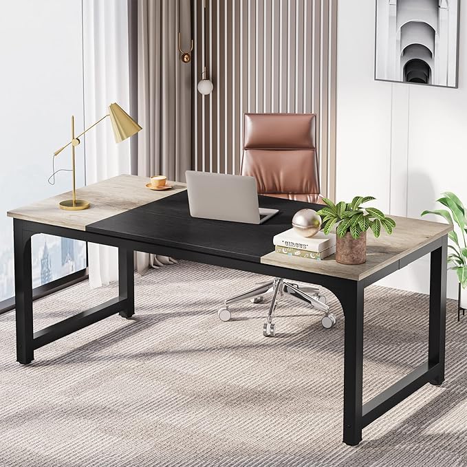 70.8 Inch X-Large Executive Computer office desk, Grey+Black - LeafyLoom