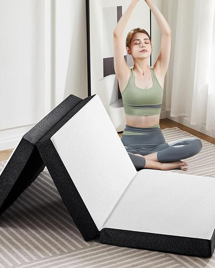 OLIXIS Tri-fold Memory Foam Mattress - 4 Inch Queen Size Portable Floor Bed, Foldable Mat for Kids and Adults, Collapsible and Washable Cover with CertiPUR-US Certified, for Travel & Camping & Yoga - LeafyLoom