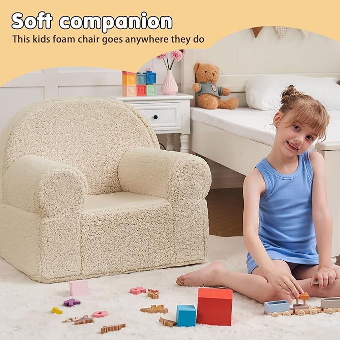 Beige Sherpa Toddler Chair, Soft Kids Plush Chair for Relaxing & Reading, Lightweight Handle Design, Easy to Clean, Removable Cover, Modern Style, 22x20x24 inches, 7.7 pounds - LeafyLoom