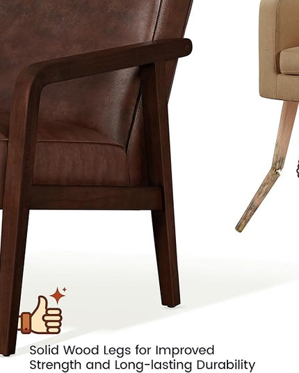 Yaheetech PU Leather Accent Chair, Mid-Century Modern Barrel Chair with Wooden Frame and Soft Thick Padded for Living Room Bedroom Home Office, Dark Brown - LeafyLoom