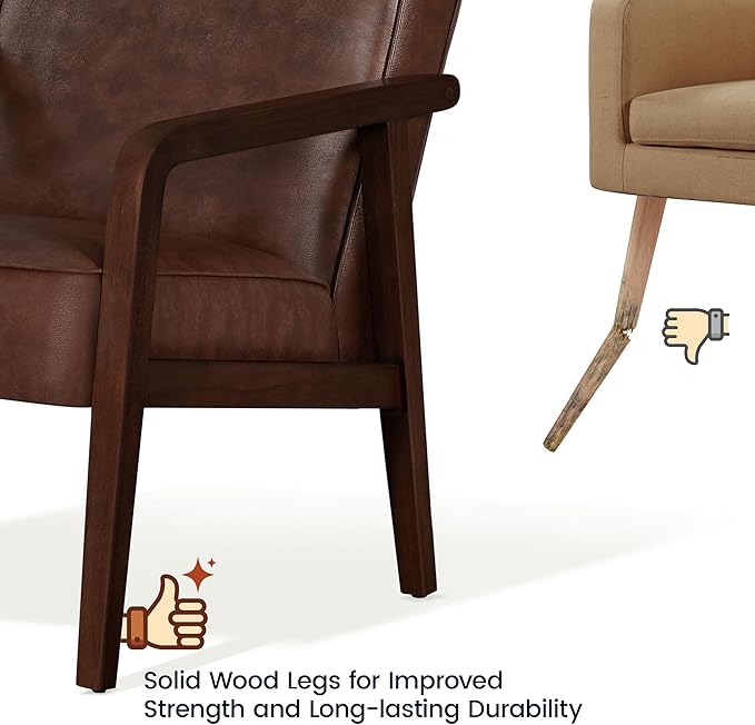 Yaheetech PU Leather Accent Chair, Mid-Century Modern Barrel Chair with Wooden Frame and Soft Thick Padded for Living Room Bedroom Home Office, Dark Brown - LeafyLoom