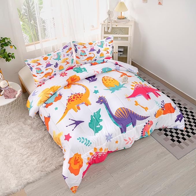CVHOUSE Dinosaur Bedding Set,Dinosaur Comforter,Dinosaur Comforter Set King,Microfiber Quilt Set with 1 Comforter and 2 Pillow Cases- 3 Piece - LeafyLoom